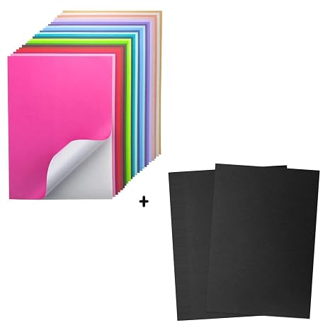 24 Sheets Self Adhesive Cardstock Paper & 50 Sheets A4 Black Cardstock 130lb, Colored Craft Paper