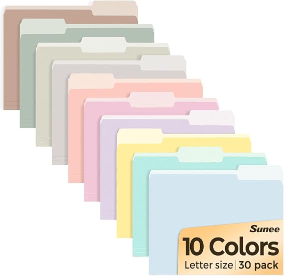 SUNEE File Folders, 30 Pack Manilla Folders 8.5 x 11, 10 Colors Folder Office Organization Home School Folders for Documents Files Paper