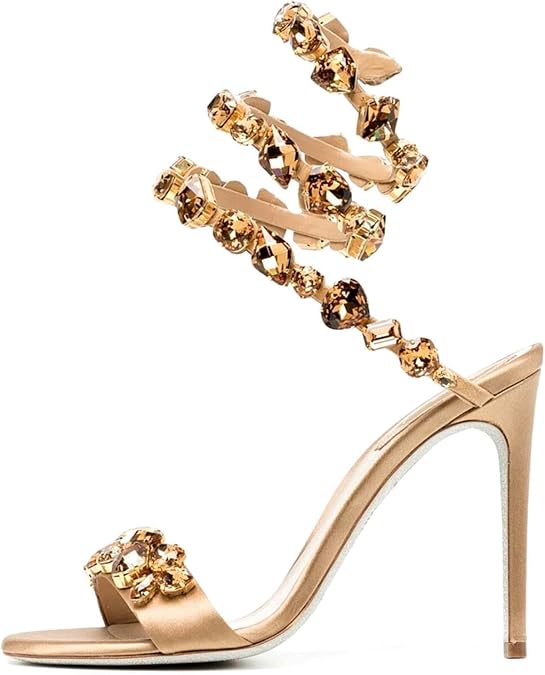 Rhinestone Spiral Coil Wrap Around Stiletto Heels for Women,Women's Sexy Fashion Open Round Toe Diamonds Slingback High Heels Kitten Heel Sandals Party Wedding Bridal Pumps Sandals Shoe