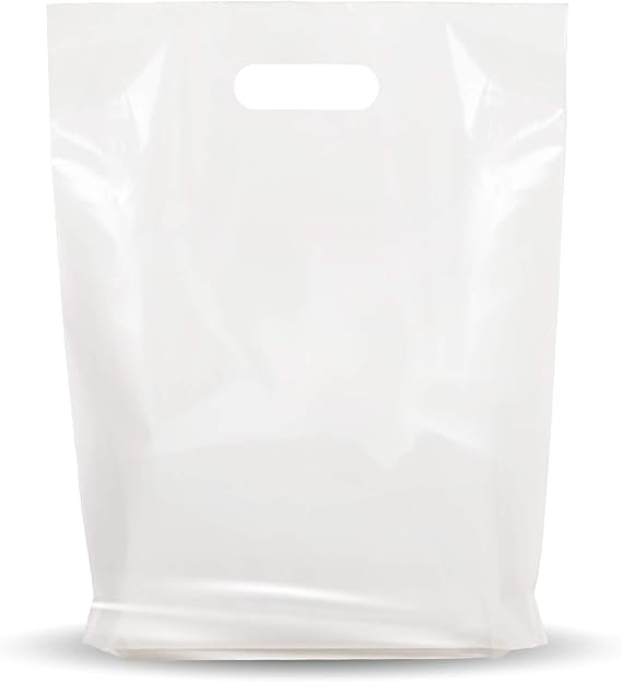 9x12 White Plastic Bags, Glossy, Die-Cut Handles, 1.25 Mil, 100 Pack