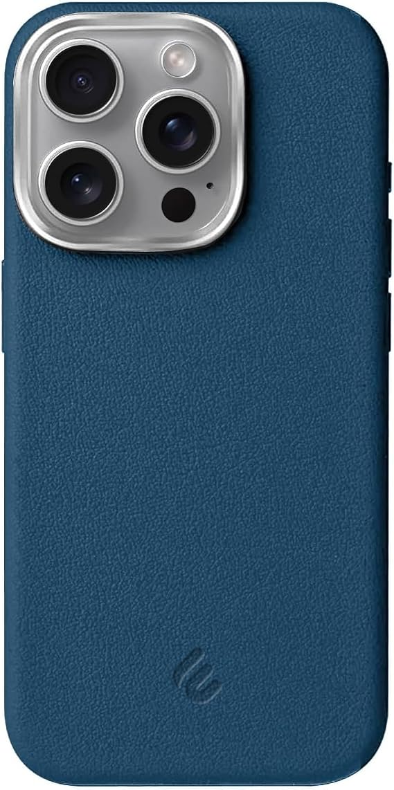 Minesk iPhone 15 Pro için MagSafe ile Uyumlu Çizilmeyen ve Parmak İzi Tutmayan Deri Görünümlü Metal Tuşlu ve Metal Lens Çerçeveli Hybrid Silikon Kılıf (Mavi, 15 Pro)