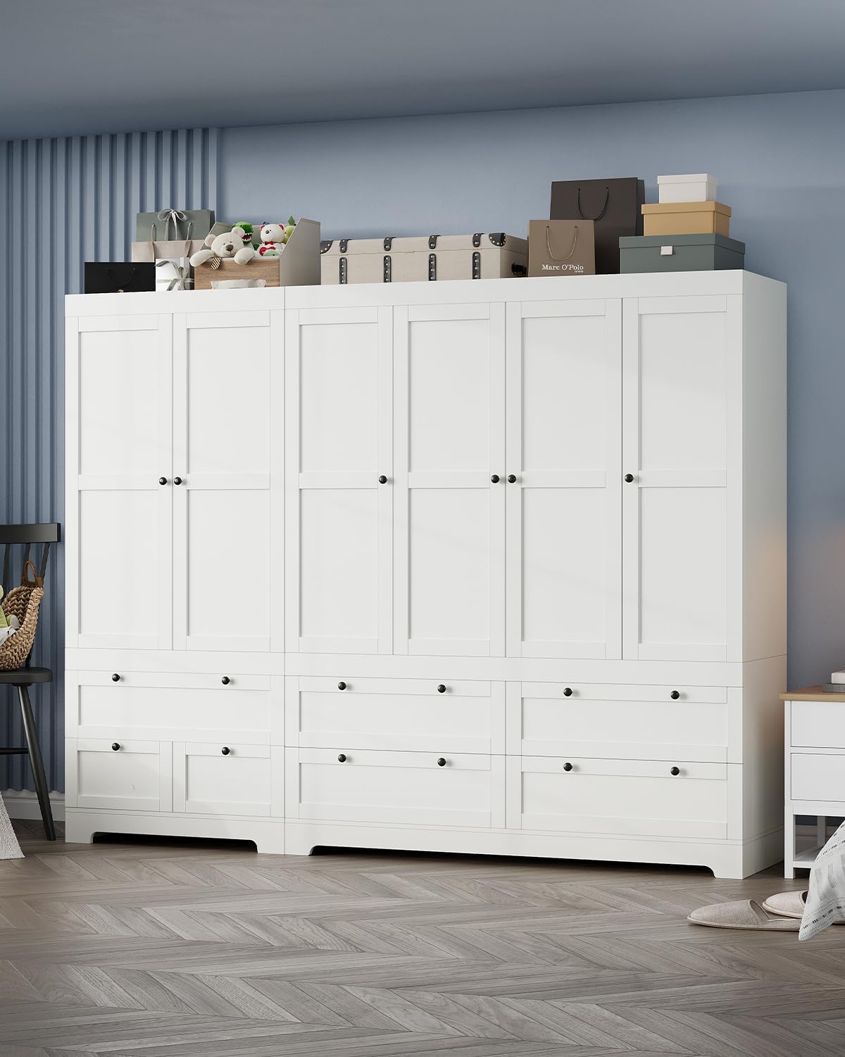 6 Doors Storage Cabinet Large Modular Closet Systems Wardrobe with Drawers and Shelves Hanging Space, 91 L Wooden Armoire Closet, 71 Tall White Wooden Freestanding Storage Armoire for Bedroom