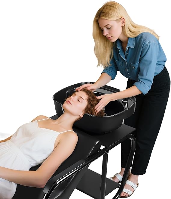 Shampoo Bowl and Chair Set for Salon, Hair Washing Salon Shampoo Chair Hair Washing Station Backwash Barber Sink with Storage Compartment for Beauty Spa Barbershop Black