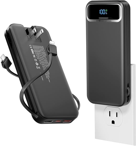 aonidi Portable Charger 12000mAh with Built-in Cables&AC Wall Plug, Black