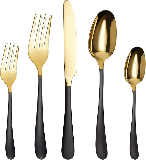 Black and Gold Silverware Set 20-Piece, 18/0 Stainless Steel Titanium Gold with Black Plated Handle Flatware Set, Black Handle with Golden Mouth Cutlery Set, Service for 4