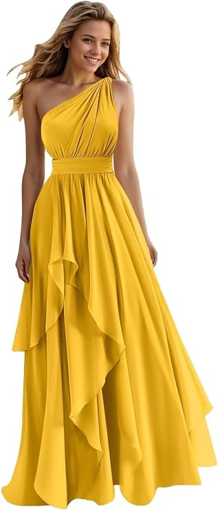 A Line One Shoulder Bridesmaid Dresses for Wedding Ruffles Chiffon Long Formal Evening Party Gowns with Pockets Mustard Yellow