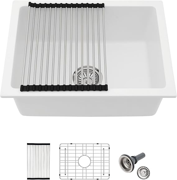 22x17 Inch Granite Composite Kitchen Sink - 22"x17" Undermount White Wet Bar Sink Granite Composite Quartz Classic Under Counter Ledge Single Bowl Sink Basin, LOF-GC22179