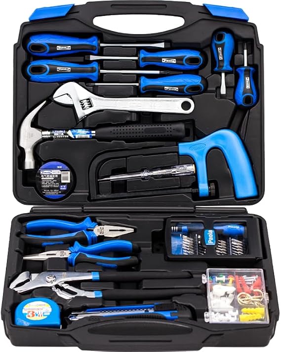 107 Piece Household Tool Set with Plastic Blow Molded Case, Most Reached Hand Tools for Home/Office/Garage Repair, Incl. Pliers/Adjustable Wrench/Screwdriver/Claw Hammer/Hack Saw/Tape Measure
