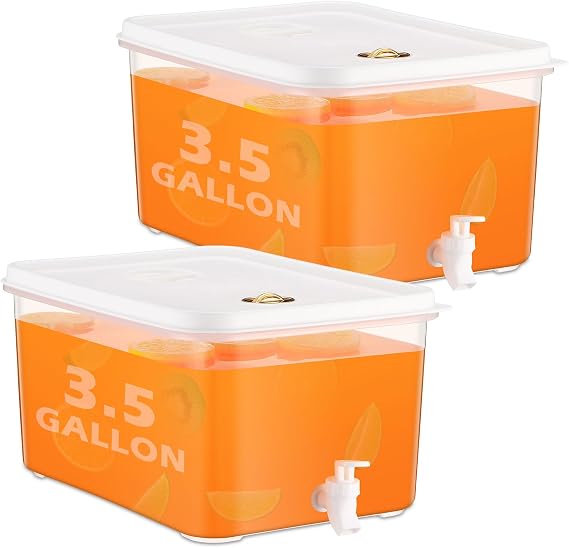 Domensi 2 Pack 3.5 Gallon Drink Dispenser for Fridge with Spigot Water Dispenser Leak Proof Lids Filter Screen Beverage Juice Container Sealed Plastic