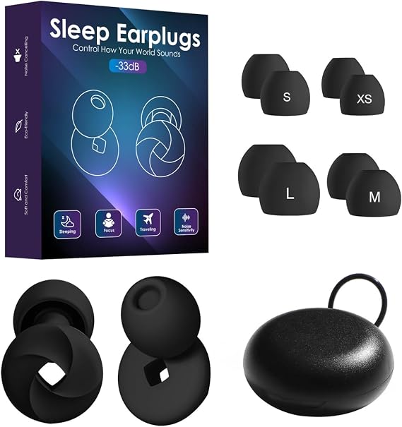 Ear Plugs for Sleep - 33dB Noise Cancelling – Super Soft, Reusable Hearing Protection in Flexible Silicone for Noise Reduction & Flights - 8 Ear Tips in XS/S/M/L - Black, Extra Small
