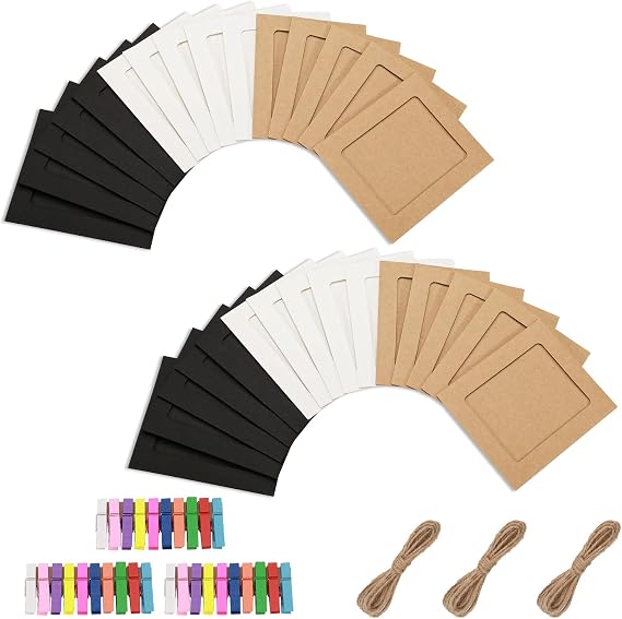 30pcs Paper Picture Frames 3x4, Cardboard Photo Frames, Hanging Picture Frames Photo String with Clips for Wall Photo Banner Photo Garland Display, 3x4