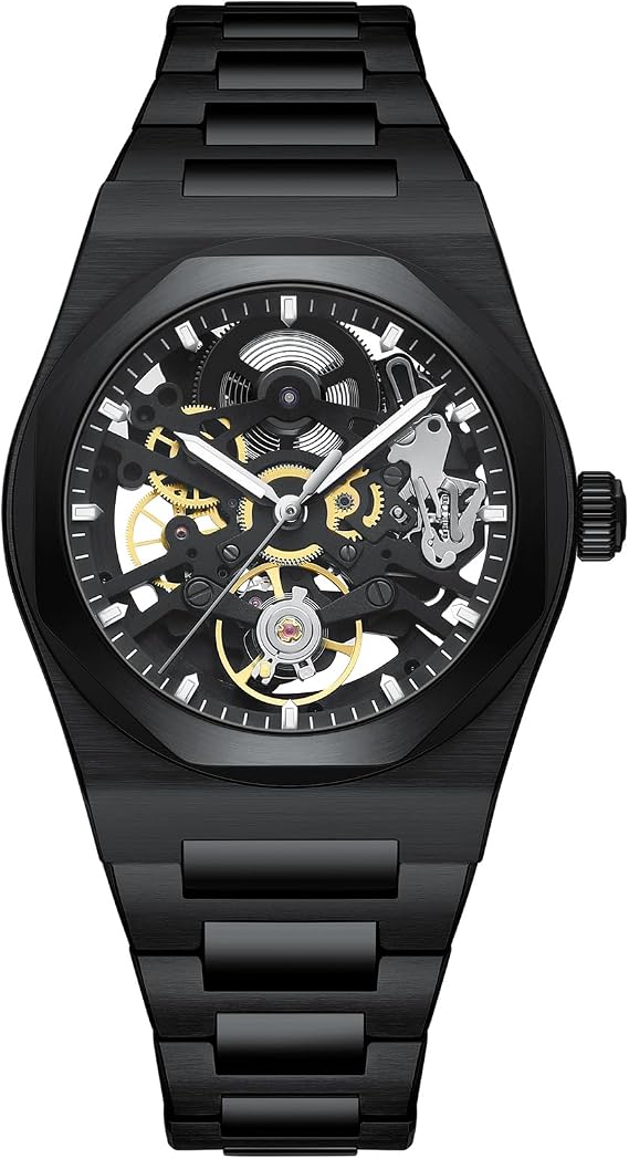 Men's Automatic Watch Skeleton Design Precision Automatic Movement (38.5mm) 316L Stainless Steel 10ATM Water Resistant Self Winding with Scratch Resistant Sapphire Crystal