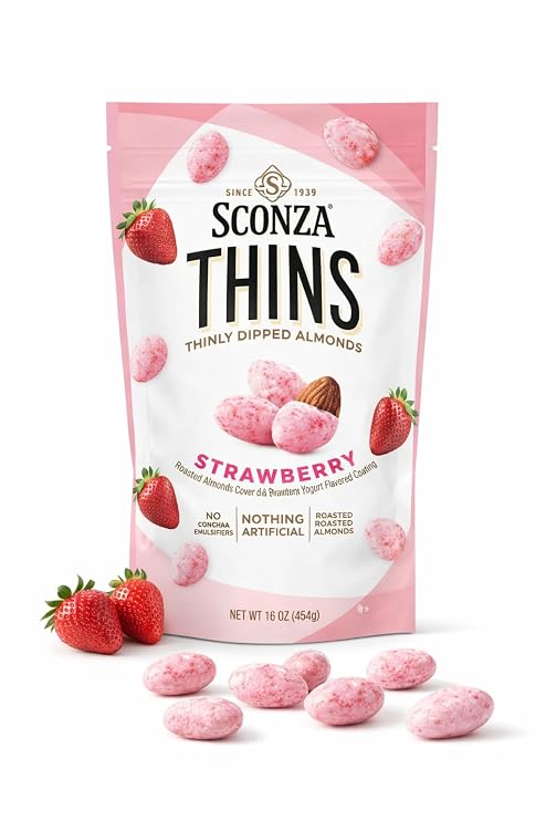 Sconza Strawberry Thinly Dipped Almonds, No Sugar Alternatives, Nothing Artificial, 16 oz (1lb)