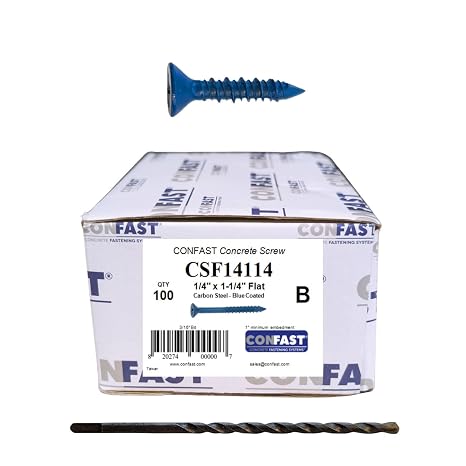 CONFAST 1/4" x 1-1/4" Blue Flat Phillips Concrete Screw Anchor | For Anchoring to Masonry, Block or Brick - 100 per Box, includes Drill Bit