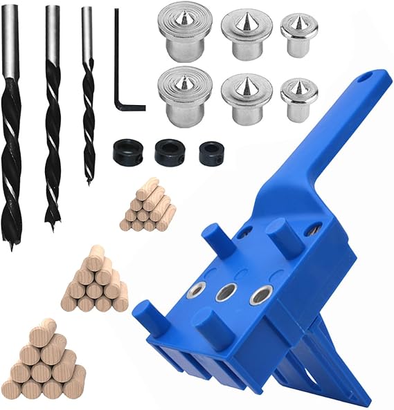 44Pcs Handheld Dowel Jig Kit, Wood Drilling Doweling Hole Saw Tools, Wood Dowel Hole Drilling Guide Jig Set 6/8/10mm with Drill Bits, Pins & Locator for Woodworking Joinery