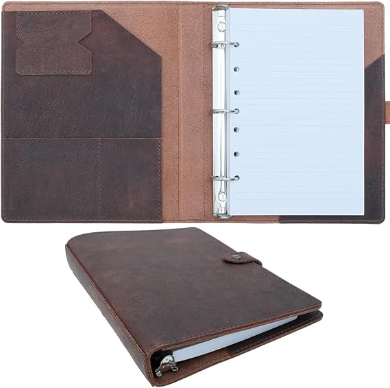 Fan&Ran Lined Leather Journal, 100 Sheets of College Ruled Paper 5.5"x8.5", 3-Ring Mini Binder, Interior Pockets, Refillable