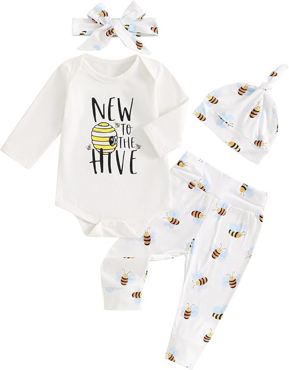 Chloefairy Newborn Baby Boy Girl Clothes Bumble Bee New to the Hive Bodysuit Pants Hat Headband 4Pcs Fall Coming Home Outfit (White, 0-3 Months)
