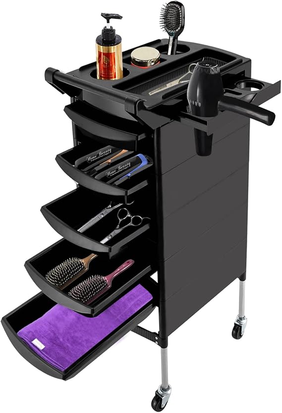 6-Layer Professional Salon Trolley with Handle and Wheels, 5 Drawers and 2 Hair Dryer Holder, Esthetician Cart for Hair Stylist Hairdresser Beauty Tattoo,Black