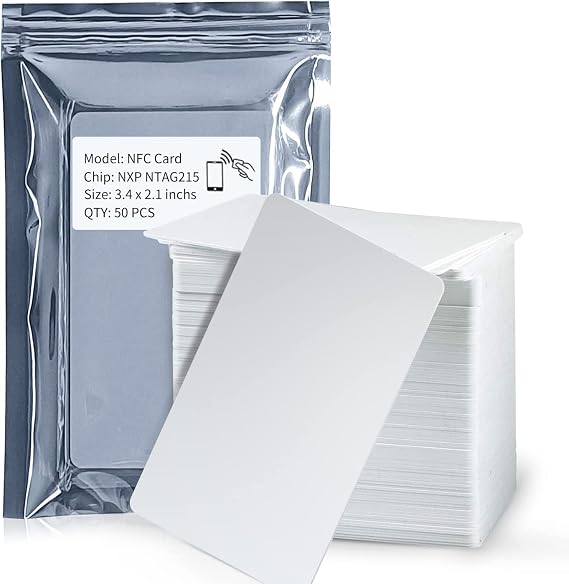 50 Cards NFC NTAG215 White Blank White PVC Card, NFC 215 Card Tag, Waterproof, 504 Bytes, Compatible with iPhone, Android, Supports Shortcut Apps