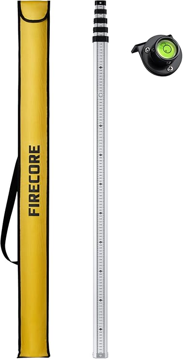Firecore Aluminum Staff 5 Stages 16.4 ft 5 m Scale Lightweight Aluminum Alloy Staff FLR500A With Level, Made of Aluminum, With Scale for Surveying, Civil Engineering, Building, Level Measurement