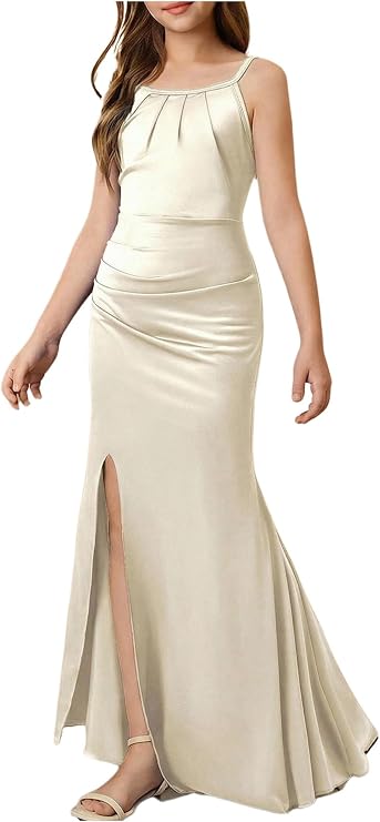 SHENHE Girl's Satin Spaghetti Strap Junior Bridesmaid Flower Girl Dress Fishtail Maxi Slit Dress