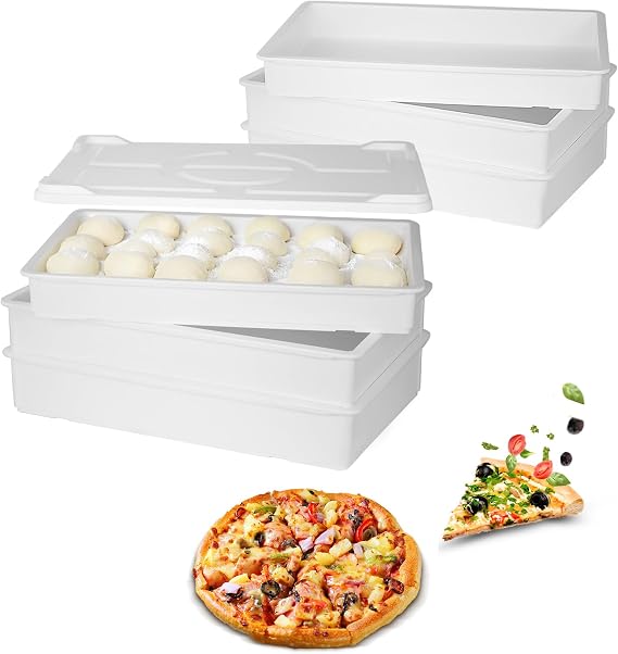 Commercial Pizza Dough Proofing Box Set of 6 with 1 Lid, 60 x 40 x 9.5 cm Stackable Food Grade Dough Trays for Pizza, Bread & Bakery, Heavy Duty Plastic Storage Containers, Dishwasher Safe