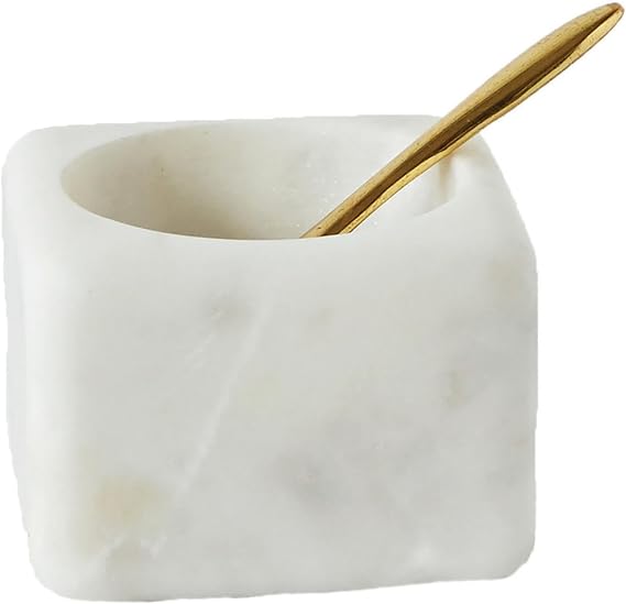 Creative Co-Op Square Marble Bowl with Brass Spoon, White