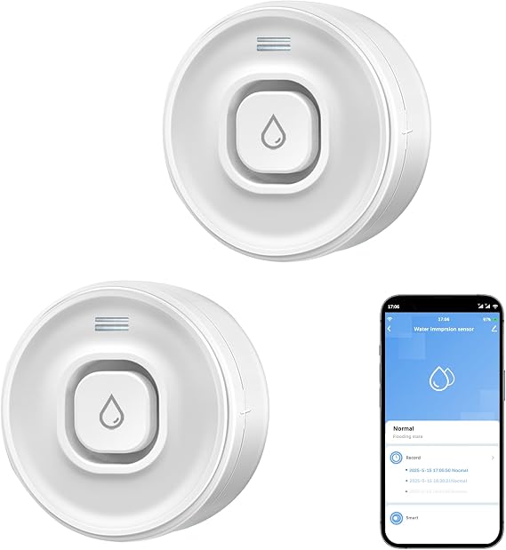 Wi-Fi Water Leak Detector: 100dB Water Sensor Alarm for Basement, Adjustable Alarm and App Alerts, Flood Leakage Detection Devices for Pipe/Drain/Sink/Faucet. 2PCS