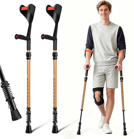 Shock Absorbing Forearm Crutches for Adults 509607, Gold | 10-Level Height Adjustable , 3-Part Removable with Rubber Handles,1Pair, Lightweight Crutches for Men or Women