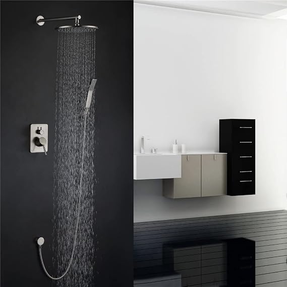 Antique Shower System Waterfall with Hand Shower Brushed Nickel Shower Faucet Set Wall-Mounted 8 Inch Top Spray Ceramic Valve Bathroom Shower Faucet, G