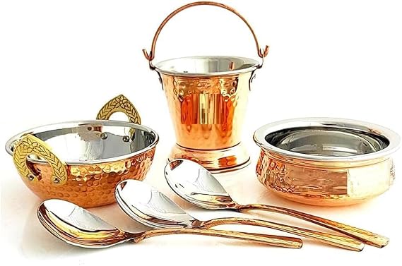Steel Copper Serving Set – 6 Pcs Hammered Design Handi, Bucket, Kadhai & 3 Serving Spoons – Traditional Indian Cookware for Dining & Kitchen – Copper-Plated Steel Utensils
