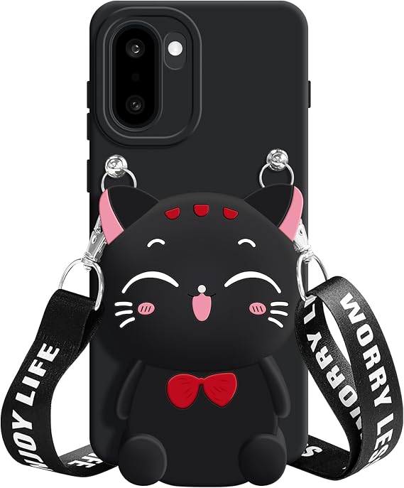 OnePlus 15用ケース、かわいい黒ラッキーキャット コインパース ファンシーフォンケース レディース ガールズ クロスボディストラップ付きカワイイソフトシリコンカバー One Plus 15用