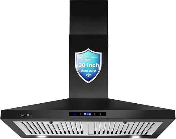 SNDOAS Black Range Hood 30 Inch,Stainless Steel Wall Mounted Kitchen Hood with Touch Controls, Ducted/Ductless Convertible,Chimney-Style Stove Hood Vent for Kitchen,Baffle Filters,Black Painted Finish