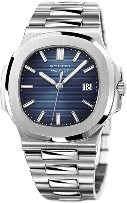 ROCOSJEWE Classic Luxury Blue Dress Watch Men's Automatic Mechanical Watch Wristwatch Water-Resistant Date Display Luminous Dial Stainless Steel Bracelet Gift for Men R0139