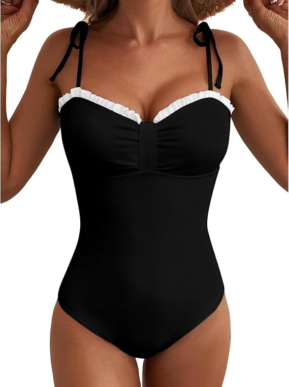 Women's Striped One Piece Swimsuit Bow Tie Shoulder High Cut Tummy Control Bathing Suit Summer Beach Swimwear