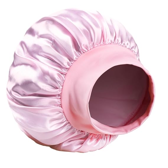 GOO GOO Satin Bonnet for Sleeping - Wide Elastic Band for Women and Men, Soft Hair Dryer for Long Curly Hair, #Pink