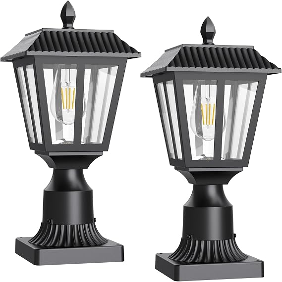 Greluna Solar Post Lamp Lights, 2 Pack 6000K Dusk to Dawn Solar Light with Pier Mount Base, Post Lights Outdoor Waterproof for Garden Yard Landscape Pole Pillar, Outside Decorative Lamp