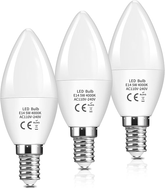 Caldarax E14 LED Candle Light Bulbs 5W, C37 SES Small Edison Screw, 40W Equivalent, 470LM, Natural White 4000K Daylight, Energy Saving, Non-Dimmable, Pack of 3 [Energy Class E]