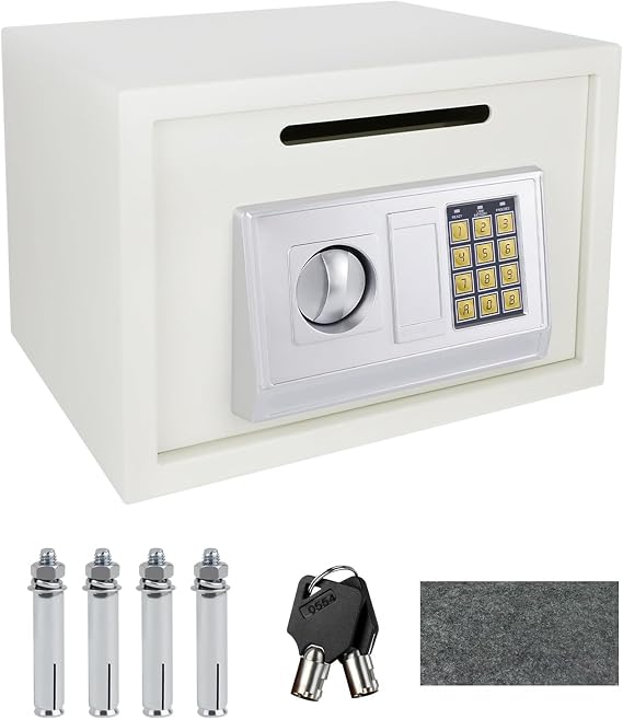 16L Electronic Digital Safe Box, Fireproof Security Box Home Office Money Cash Jewelry Steel Safety Box with 2 keys, Wall Mounted Mini Safe for Home Office Hotel, 35 x 25 x 25 cm, White