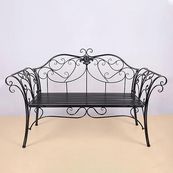 Outdoor Benches, Cast Iron Metal Bench, Small Garden Bench, Patio Bench Double Seat for Park Yard Porch Lawn Balcony Backyard and So On(Black)