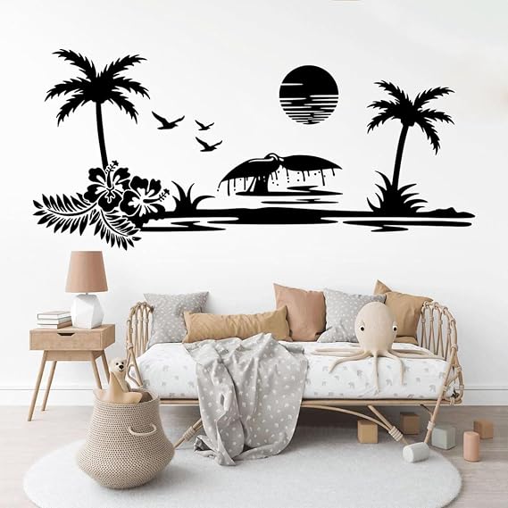 Beach Landscape Palm Tree Wall Stickers RV Camper Nature Decal (Black)