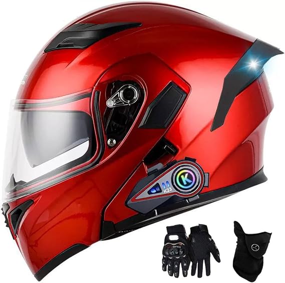 Bluetooth Modular Motorcycle Helmet, with Dual Visor for Men and Women Two-person intercom Full Face Helmet Flip Up DOT Approved
