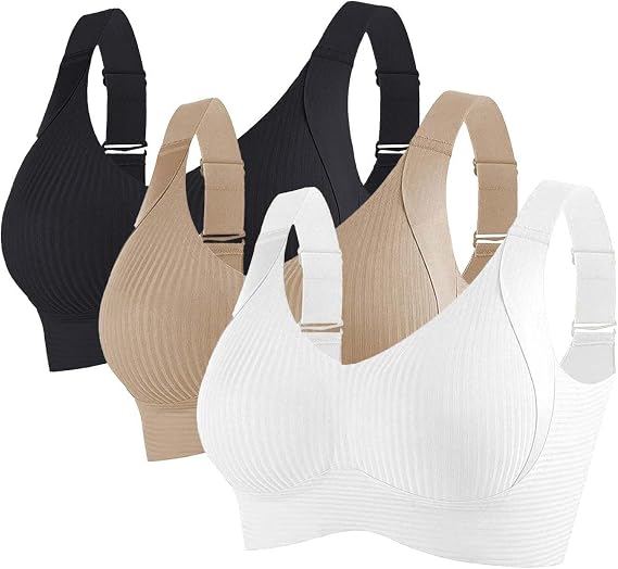 3PCS Seamless Bras for Women Full Support Cozy Push Up Ribbed Wireless Bras Plus Size Everyday Bra