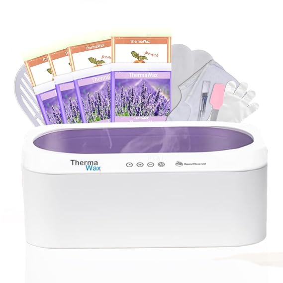 ThermaWax Paraffin Wax Machine | Auto Lid for Hands, Feet & Elbows |20-Minute Quick Melt |Precision Temperature Control | Includes 8 Refills(4-Peach, 4-Lavender),Cotton Gloves,Booties,Brush, Spatula