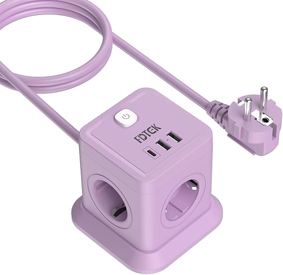 FDTEK Purple Socket Cube with USB C 4-Way Multiple Socket 2500 W/10 A