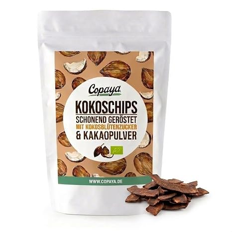 Copaya Organic Coconut Chips with Cocoa Fine & Crispy Coconut Chip Gentle Roasted in Coconut Blossom Sugar and Fine Cocoa (250 g)