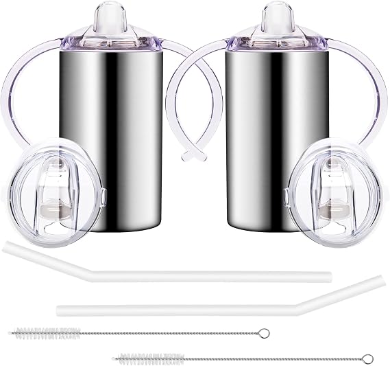 12oz Stainless Steel Sippy Cups for Toddlers with Handles, Spill Proof Double Wall Vacuum Insulated Sippy Cups, Kids Straw Cups with Extra Lids for School, Outdoor, 2 Pack