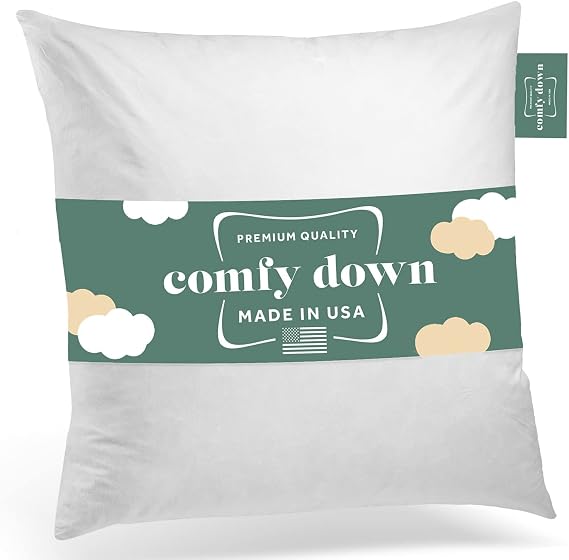 ComfyDown 22x22 Throw Pillow Insert, Down & Feather Fill, 100% Cotton Cover, Made in USA Premium Soft Decorative Pillow Form Sham Stuffer for Bed, Sofa & Couch