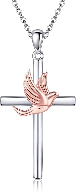 MONGAS Dove Cross Necklace for Women Sterling Silver Baptism Gifts Confirmation Christian Jewelry Gifts for Women
