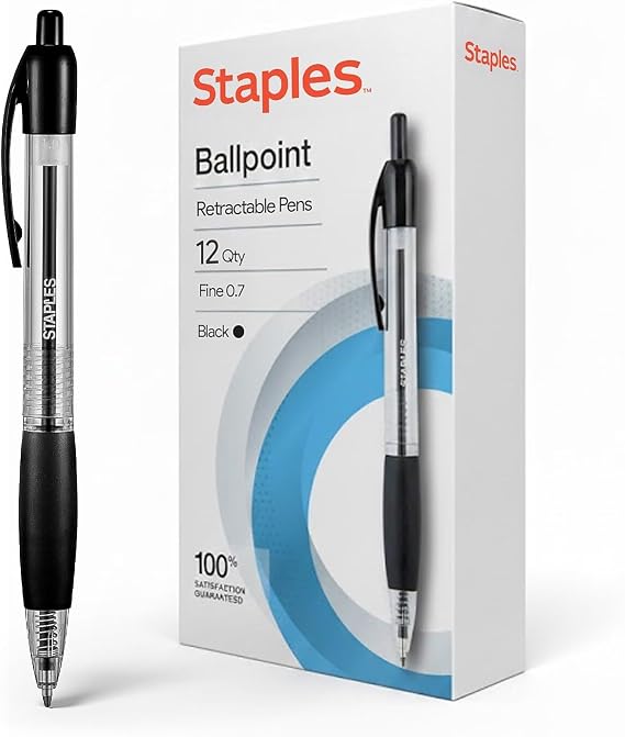 Staples Retractable Ballpoint Pens, Fine Point, Black Ink, 12-Pack